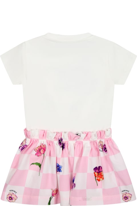 Versace Kids Versace White Dress For Baby Girl With Multicolor Print