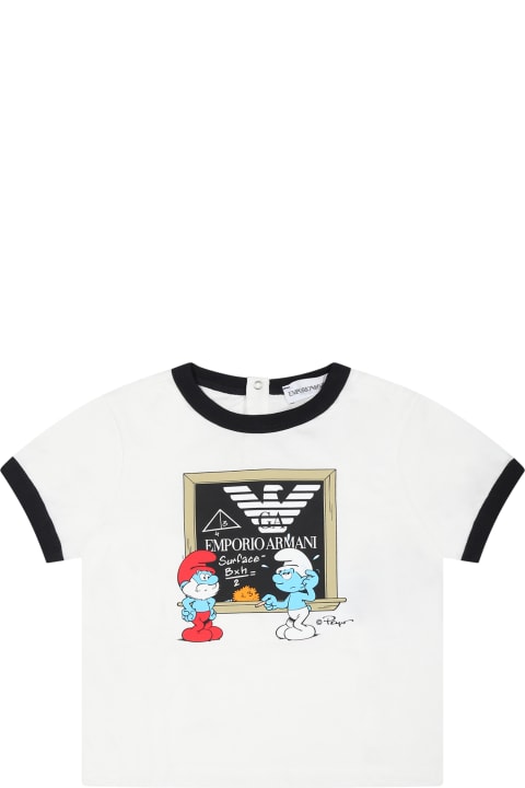 Topwear for Baby Girls Emporio Armani White T-shirt For Baby Boy With Eaglet And Smurfs