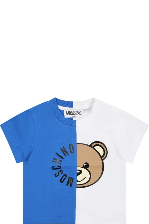 Sale for Baby Boys Moschino Blue T-shirt For Babies With Teddy Bear And Logo