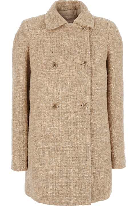 آخر صيحات الموضة من القسم الرجالي TwinSet Beige Coat With Collar And Sequin Embellishments In Tech Fabric Woman