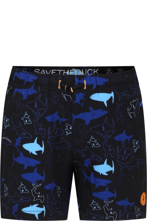 Save the Duck Swimwear for Boys Save the Duck Black Swim Shorts For Boy With Shark Print