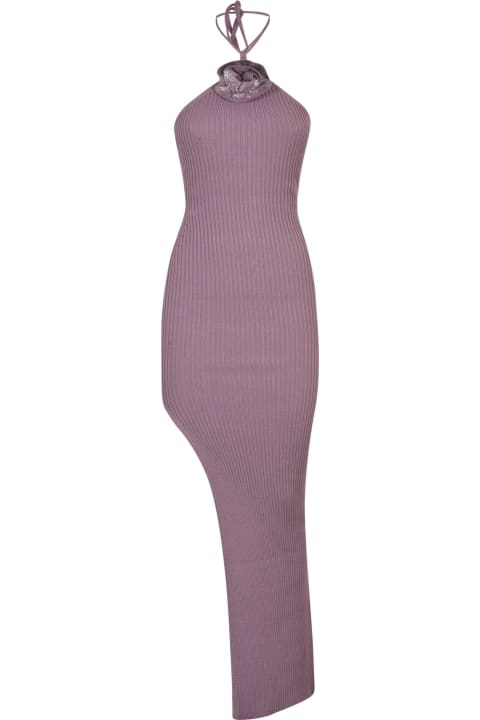 Side Slit Asymmetric Halterneck Knit Dress