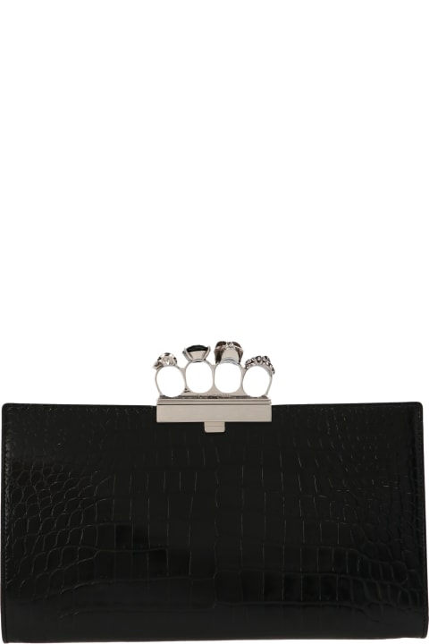 Alexander McQueen Bags for Women Alexander McQueen Black Four-ring Skull Flat Clutch With Crocodile Effect