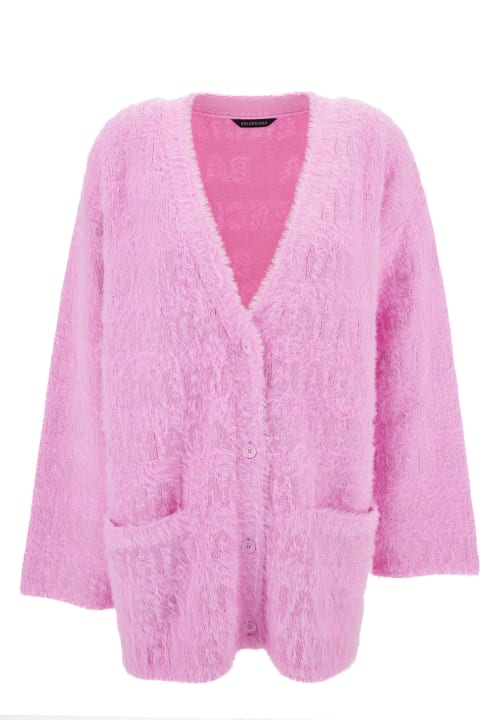 Clothing for Women Balenciaga Pink Cardigan With All-over Logo Motif In Wool Blend Woman