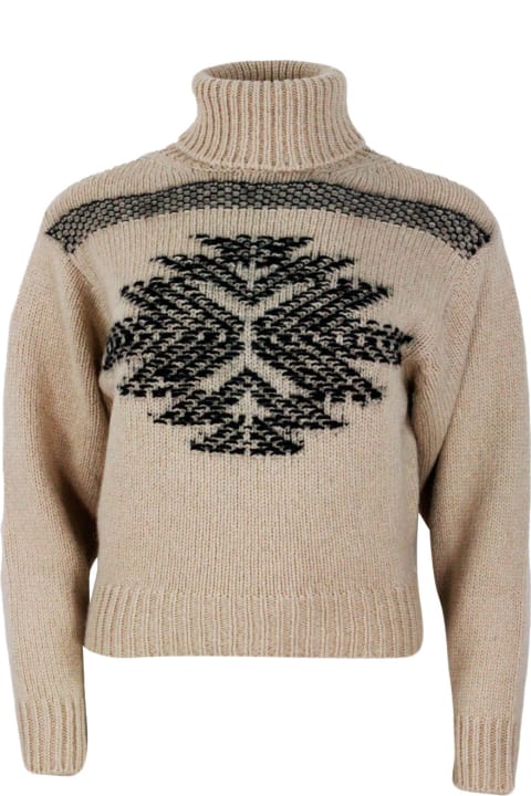 Turtleneck Sweater In Fine Camel Yarn With Snow Play Embroidery Embellished With Micro Sequins