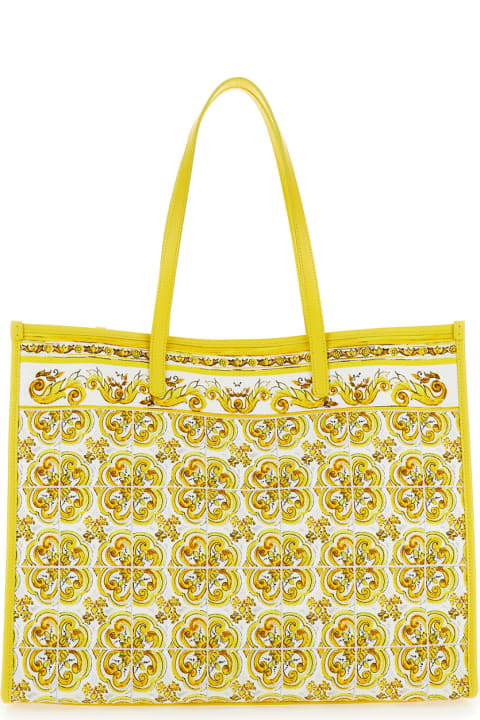 ウィメンズ Dolce & Gabbanaのトートバッグ Dolce & Gabbana Yellow And White Tote Bag With Majolica Print And Logo Plaque In Cotton Woman