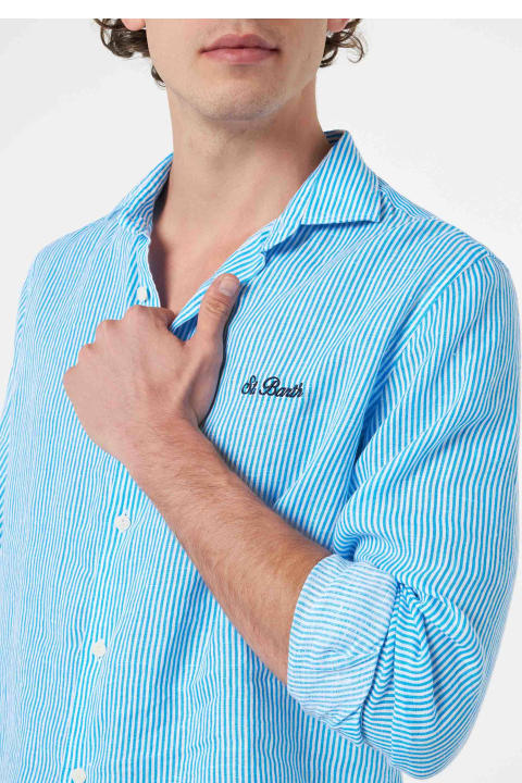 MC2 Saint Barth Shirts for Men MC2 Saint Barth Man Turquoise Striped Linen Shirt Pamplona