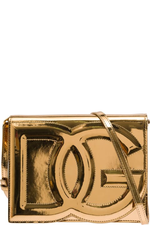 'dg Logo' Gold-colored Shoulder Bag With Logo Detail And Mirrored Effect In Leather Woman