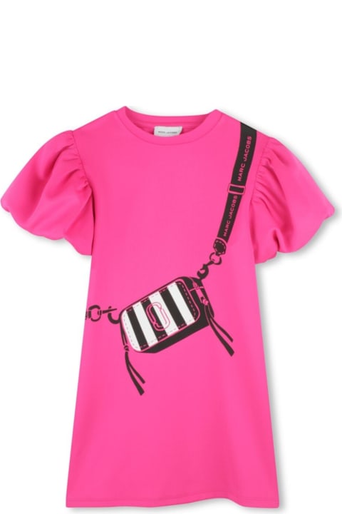 Homeware Marc Jacobs Pink Crewneck Dress With Puffed Sleeves And Logo Print On The Front In Tech Fabric Stretch Girl