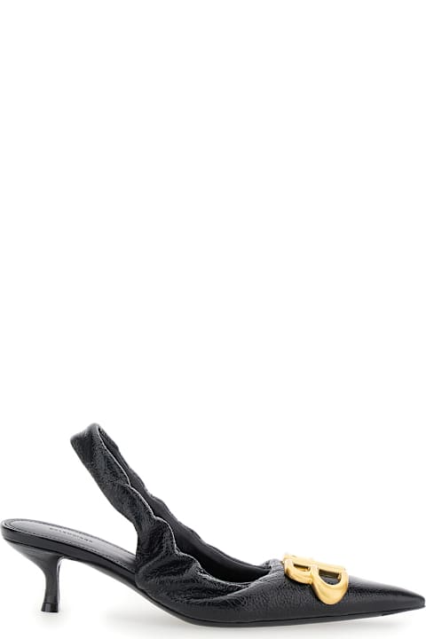 Fashion for Women Balenciaga 'monaco' Black Slingback Pumps With Logo Plaque On The Front And Low Stiletto Heel In Leather Woman