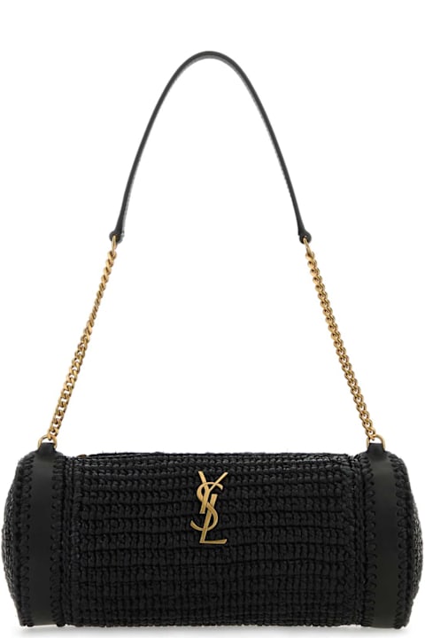 Saint Laurent Black Raffia And Leather Cassandre Shoulder Bag