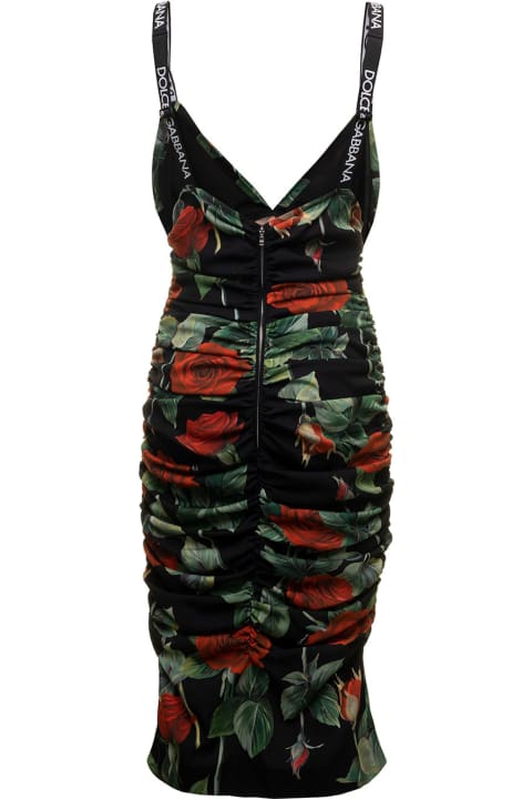 Black Midi Dress In Charmeuse With Allover Roses Print Dolce & Gabbana Woman