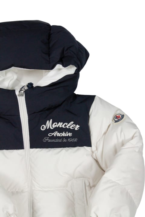 Fashion for Baby Boys Moncler Joe Down Jacket Padded In Real Two-tone White And Blue Goose Down With Hood And Zip Closure Welt Pockets On The Front