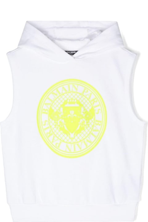 Fashion for Kids Balmain White Sleeveless Hoodie With Rubberized Logo