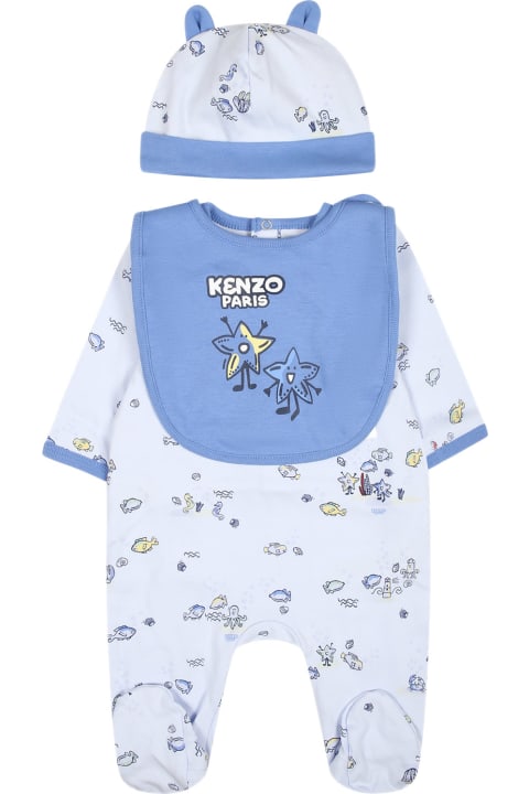 Kenzo Kids Clothing for Baby Girls Kenzo Kids Light Blue Set For Baby Boy With Print And Logo