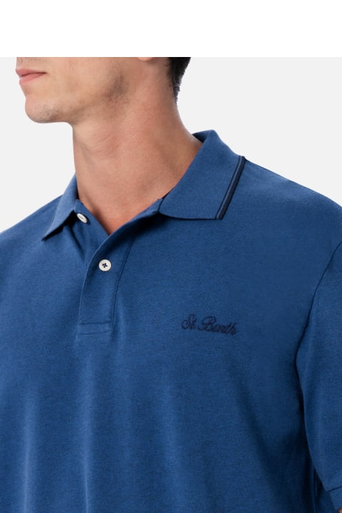 Homeware MC2 Saint Barth Man Denim Blue Cotton Piquet Polo Shirt Beverly Hills