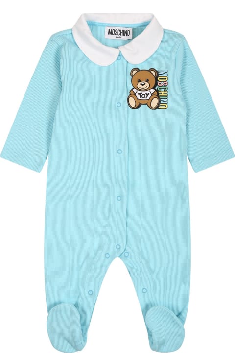 Moschino for Kids Moschino Light Blue Babygrow For Baby Boy With Teddy Bear And Logo