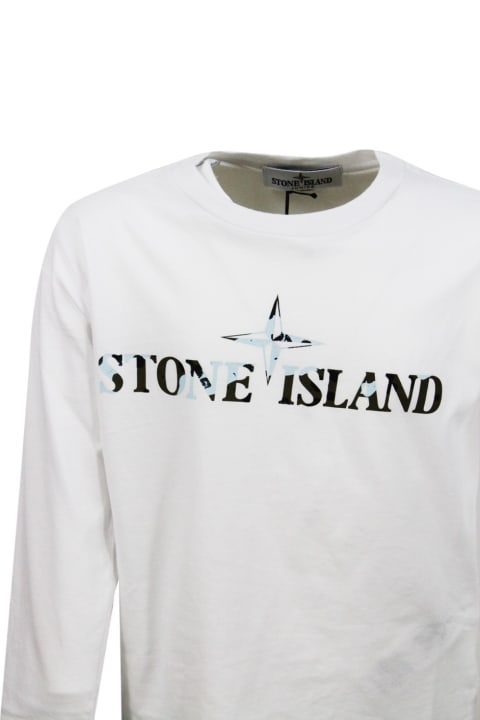 T-Shirts & Polo Shirts for Boys Stone Island T-shirt A Girocollo A Manica Lunga In 100% Cotone Con Logo Sul Petto