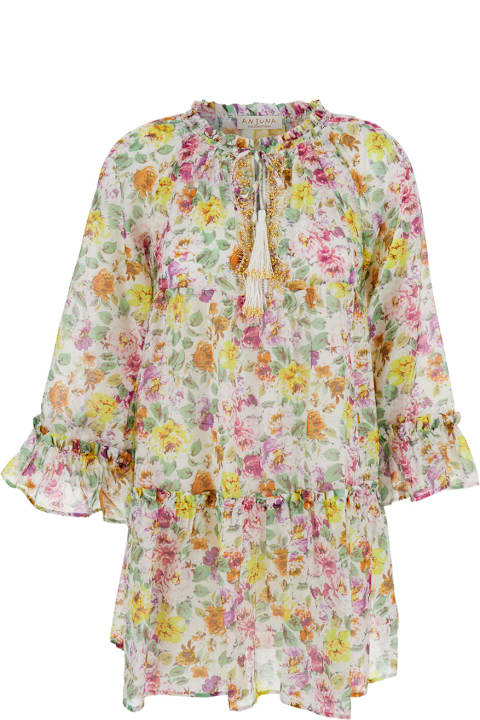 Anjuna Clothing for Women Anjuna 'lara' Multicolor Short Dress With Ruched Sleeves And All-over Floral Motif In Cotton And Silk Blend Woman