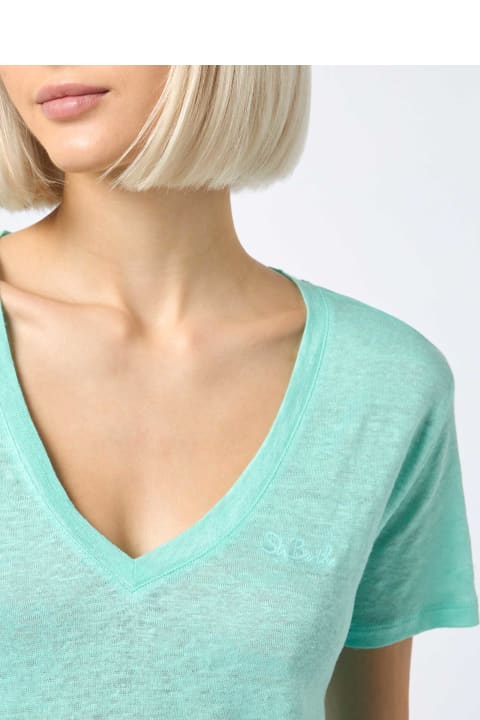 Homeware MC2 Saint Barth Woman Linen Jersey Sage Green V-neck T-shirt Eloise