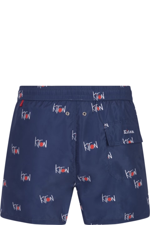 Kiton Swimwear for Men Kiton Navy Blue Swim Shorts With All-over Logo