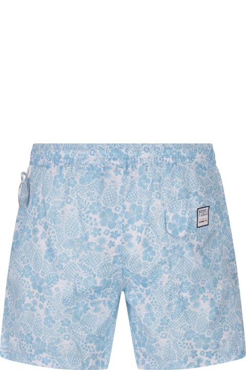 Swimwear for Men Fedeli Light Blue Swim Shorts With Tropical Pattern