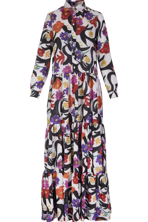 White Long Shirt Dress With Multicolored Floral Print