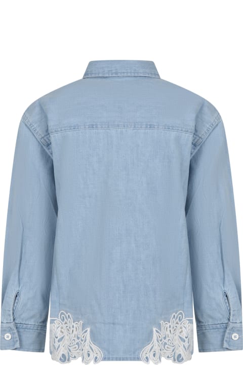 Ermanno Scervino Juniorのガールズ Ermanno Scervino Junior Blue Shirt For Girl With Embroidery And Logo