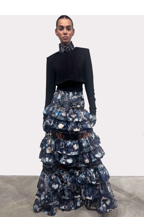 ウィメンズ新着アイテム John Richmond Long Skirt With Flounces And Iconic Runway Denim-effect Pattern