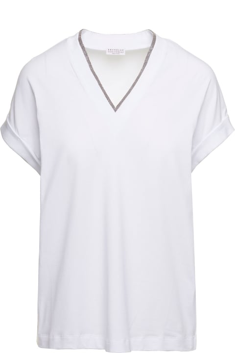 Homeware Brunello Cucinelli White V-neck T-shirt With Monile Detail In Stretch Cotton Woman Brunello Cucinelli