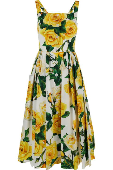 Dolce & Gabbana for Women Dolce & Gabbana Yellow Midi Dress With All-over Rose Print In Cotton Woman