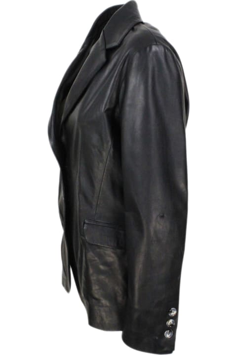 Soft Leather Blazer Jacket With 2 Button Closure And Flap Pockets