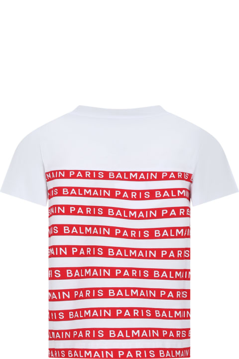 Fashion for Girls Balmain White T-shirt For Girl With Red Stripes And Logo