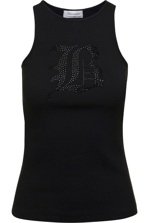 Blumarine for Women Blumarine Black Ribbed Tank Top With Rhinestone Logo In Cotton Woman