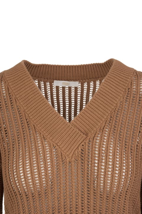 Woman Pullover In Camel Knit With V-neck