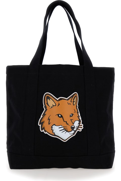 Homeware Maison Kitsuné Black Tote Bag With Fox Head Patch In Cotton Canvas Man