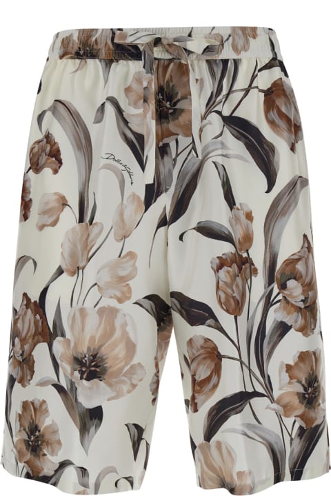Fashion for Men Dolce & Gabbana Beige Bermuda Short With Flower Print In Silk Twill Man