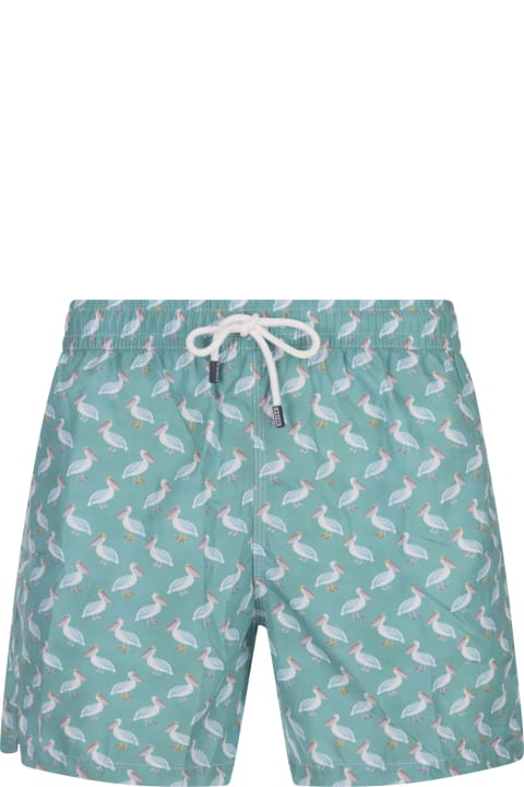 Swimwear for Men Fedeli Green Pink Swim Shorts With Pelican Pattern