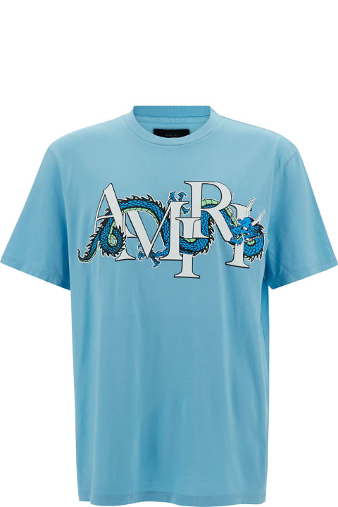 Topwear for Men AMIRI Light Blue T-shirt With Dragon Logo Print In Cotton Man