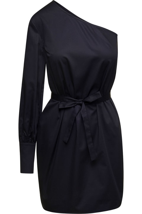 Mini Black One-shoulder Dress With Waist Belt In Cotton Woman