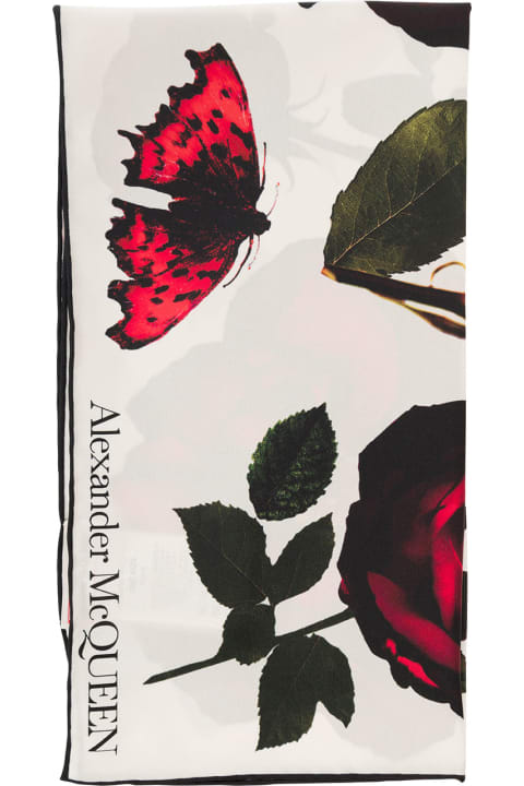 ウィメンズ Alexander McQueenのスカーフ＆ストール Alexander McQueen White Scarf With Roses Print In Silk Woman