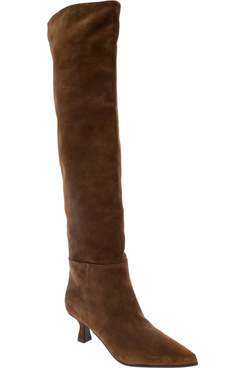'bea' Brown Pointed High-boots With Logo Patch In Suede Woman
