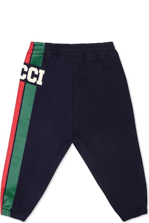 Bottoms for Baby Boys Gucci Black Pants With Web Detail And Logo Lettering In Fabric Baby