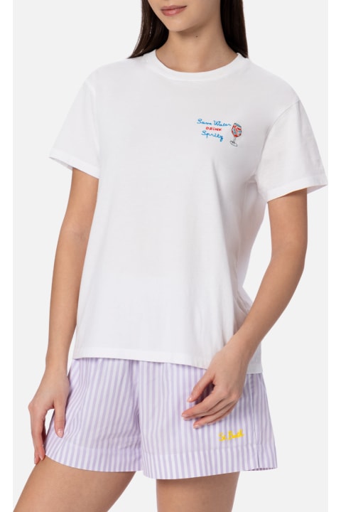 أدوات منزلية MC2 Saint Barth Woman Cotton Jersey Crewneck T-shirt Emilie With Save Water, Drink Spritz Embroidery