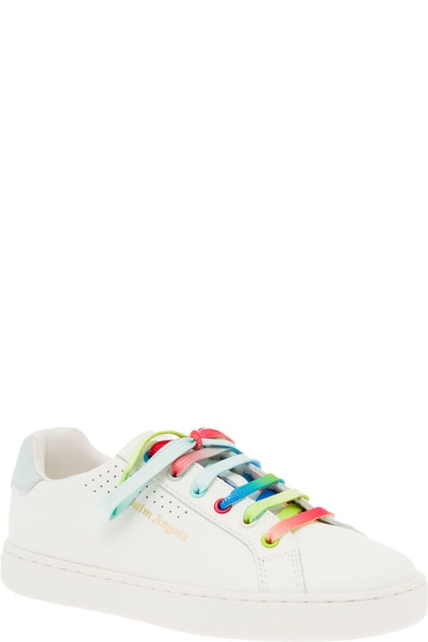 Palm Angels Kids Boy's White Leather Sneakers  With Multicolor Laces