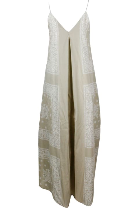 ウィメンズ新着アイテム Fabiana Filippi Long Dress In Cotton With Bandana Fantasy Print From The Asymmetrical A-line With Shoulder Straps In Rows Of Brilliant Jewels
