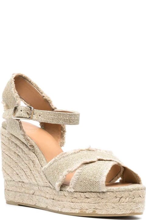 Castañer Women Castañer Beige Wedge Sandals With Criss-crossed Straps In Canvas And Straw Woman Castaner