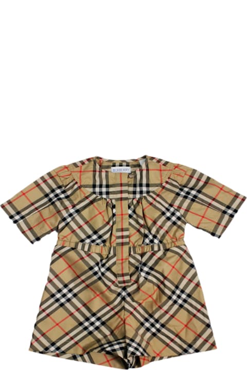 Fashion for Girls Burberry Short-sleeved Dungaree Jumpsuit With Button Closure And Elasticated Waist In Check Pattern
