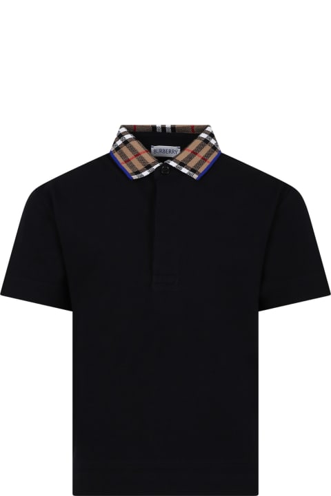 Burberryのボーイズ Burberry Black Polo Shirt For Boy With Vintage Check On The Collar