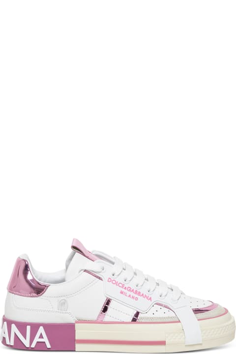 Dolce & Gabbana Woman's White And Pink Leather  Custom 2.0 Sneakers